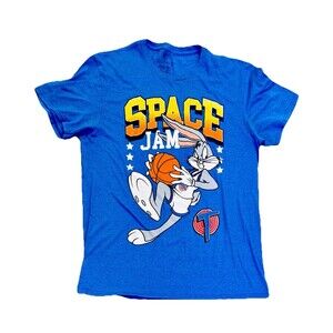 Space Jam Bugs Bunny Blue Basketball Graphic Tee Looney Tunes Shirt L